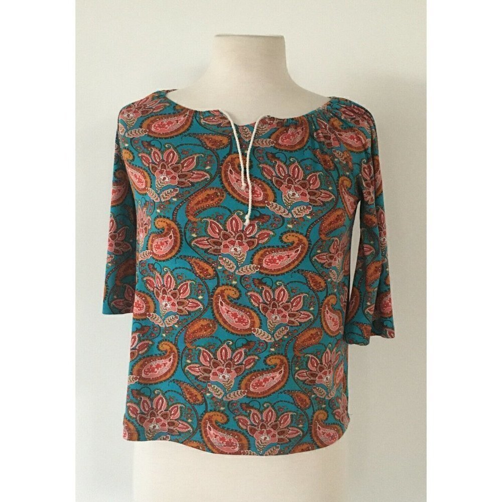 Authentic J Khaki Multi Colored Turquoise Blouse Long Sleeve Size M